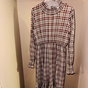 Green and Brown Plaid Long Sleeve Dress